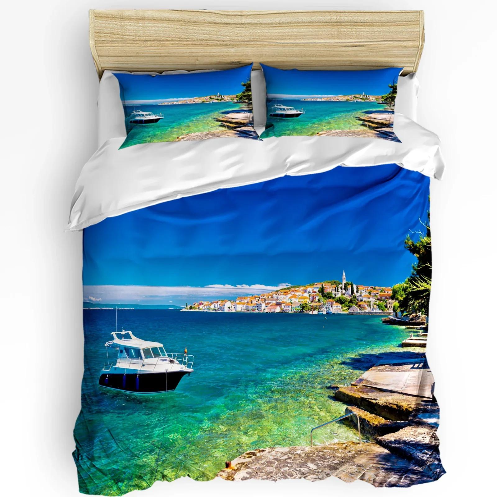 Beach Boat Houses Printed Comfort Duvet Cover Pillow Case Home Textile Quilt Cover Boy Kid Teen Girl Luxury 3pcs Bed